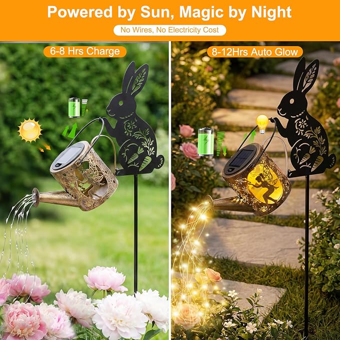 Solar Watering Can Light with Bunny Silhouette Stake & Fairy Design - Image 4