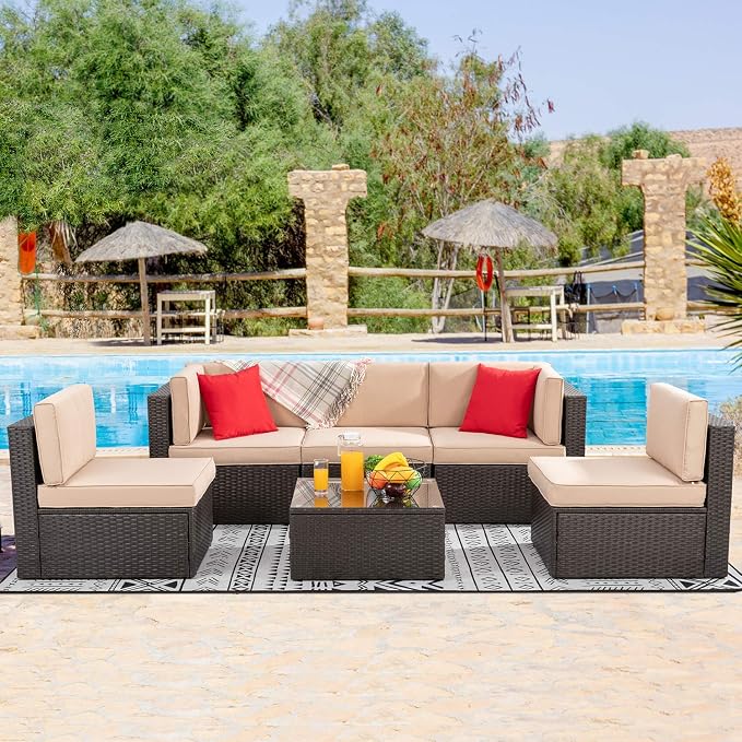 Vongrasig 6 Pieces Outdoor Patio Furniture Set, PE Wicker Rattan Sectional Sofa - Image 8