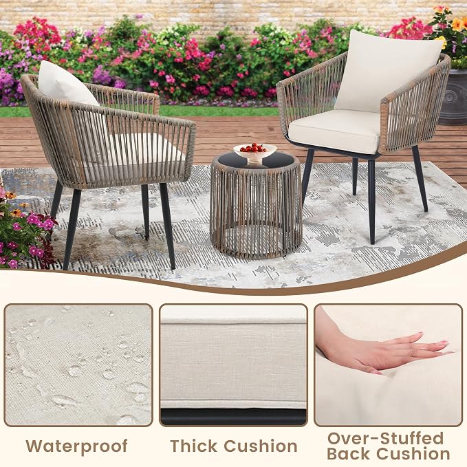 Kromax 3 Pieces Patio Rattan Bistro Conversation Set, Outdoor All-Weather - Image 4