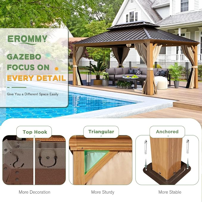 EROMMY 12'x16' Hardtop Gazebo, Wood Grain Aluminum Frame Outdoor Gazebo - Image 6