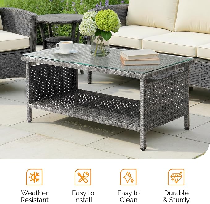 VINGLI Outdoor Wicker CoffeeTable Patio Coffee Tables - Image 7