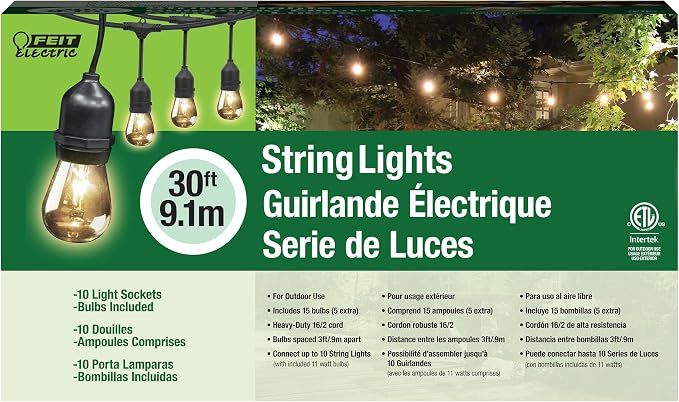 Feit Electric 30ft Outdoor Incandescent String Lights, Warm Amber Glow by FeitElectricCompany