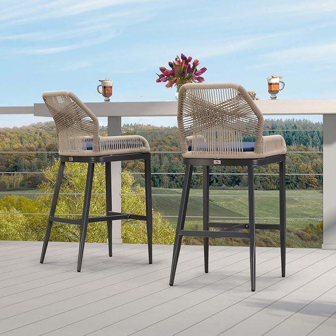 PURPLE LEAF Patio Sunbrella Bar Stools 28" H Set of 2 Handwoven Wicker Bar - Image 9