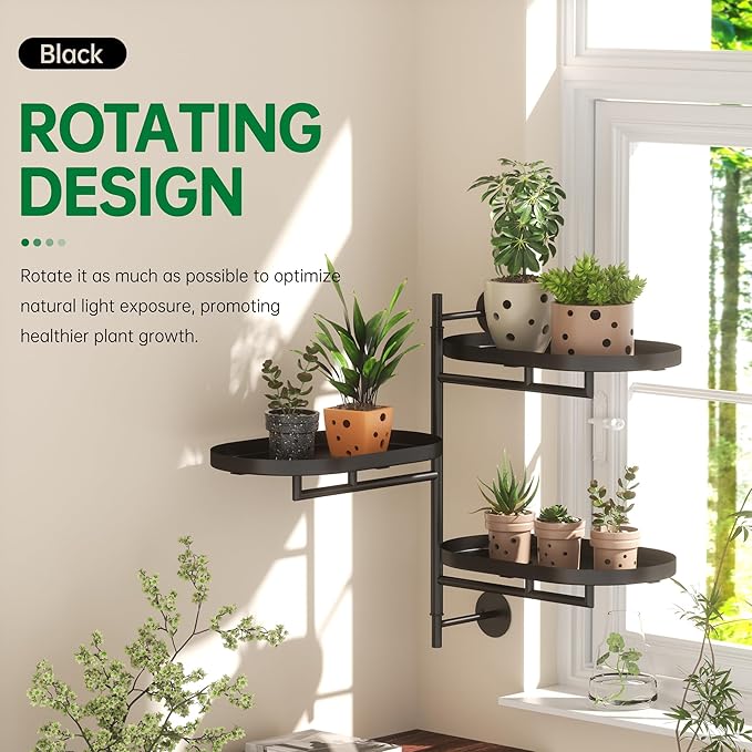 Rotating Window Shelves for Multiple Plants Indoor, 3-tier Metal Corner Black - Image 2