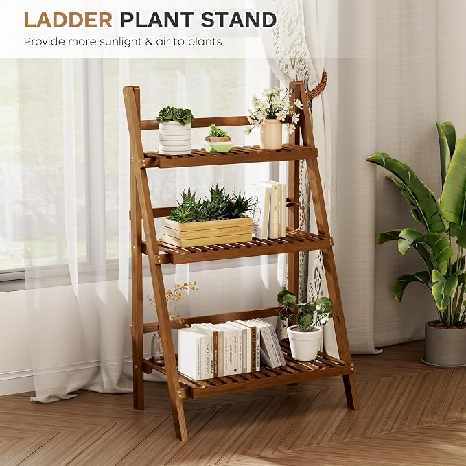 39.4" Bamboo Ladder Shelf Plant Shelf, 3 Tier Foldable Ladder Flower Pot - Image 7