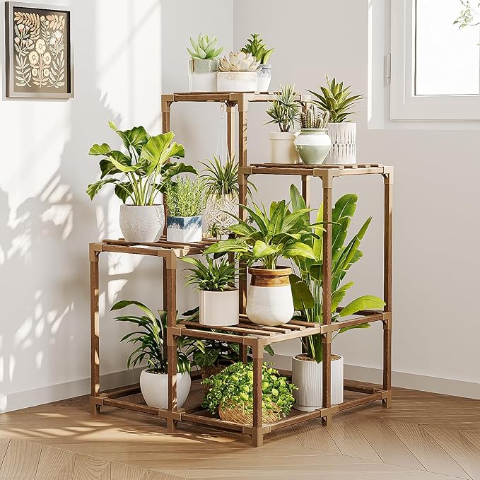 Bamworld Plant Stand Indoor Outdoor Corner Shelf Plant Holder 4-Pot Flower - Image 8