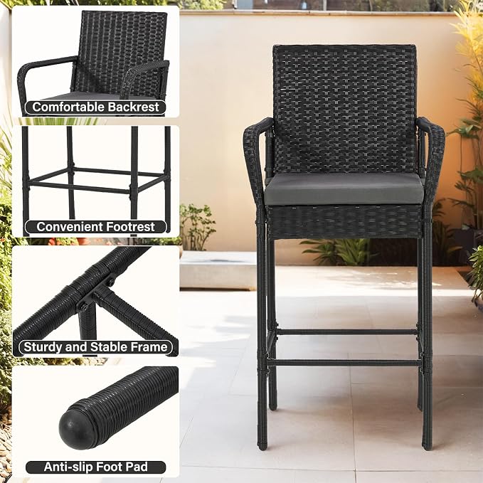 ECOTOUGE Set of 2 Patio Rattan Barstools, All-Weather Wicker Bar Height Chairs - Image 6