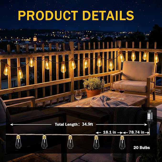 Outdoor String Lights, 24FT 20 LED Hanging Bulbs Lights, IP65 Waterproof 8 - Image 6