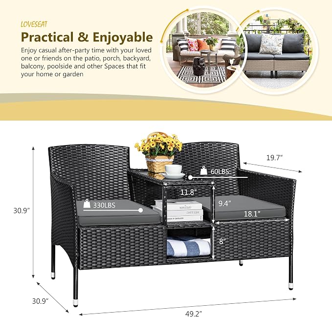 Devoko Outdoor Patio Loveseat Modern Rattan 2-Seat Patio Conversation Set - Image 6