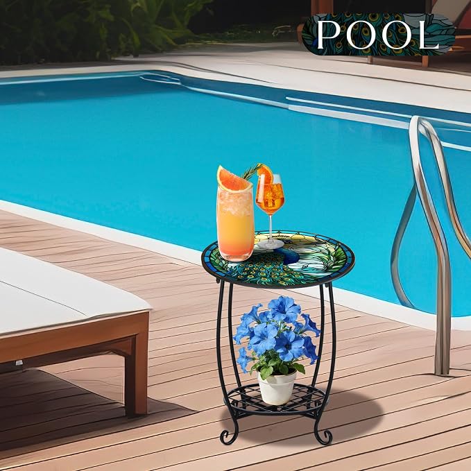Outdoor Side Table Round Small Mosaic Patio Accent Indoor End Plant Coffee Tea - Image 6