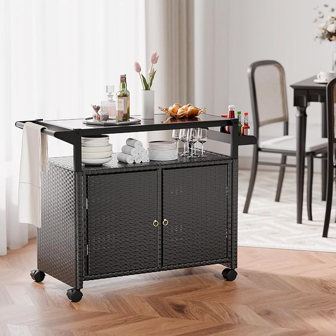MU Outdoor Bar Cart with Storage and Wheels, Outdoor Bar Table with Tempered - Image 7