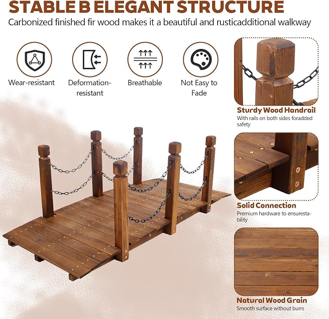 Wooden Garden Bridges for Outdoors 5ft, Garden Bridge for Backyard Yard Patio - Image 4