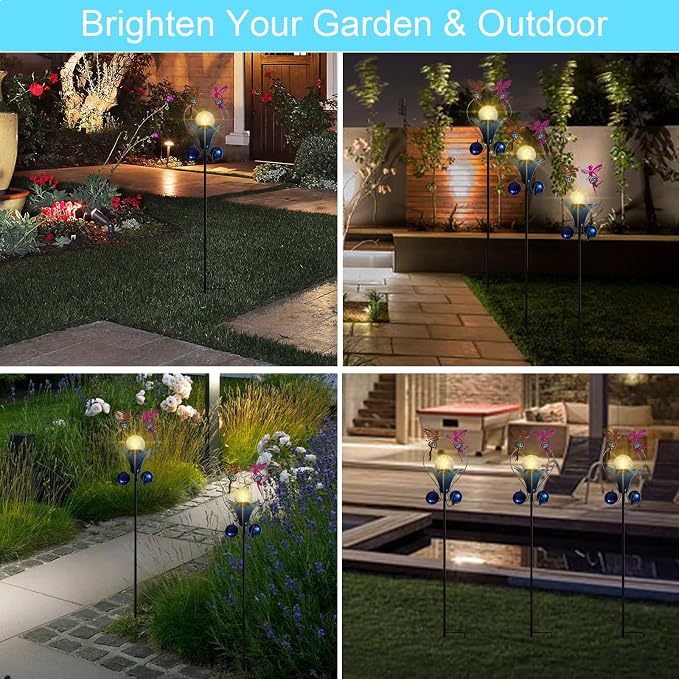 VCUTEKA Solar Lights Outdoor Metal Garden Stake Waterproof Crackle Glass Globe - Image 6