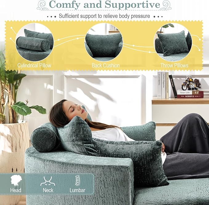 Oversized Round Chaise Longue Chair Indoor, Modern 55-inch Upholstered Chenille - Image 4