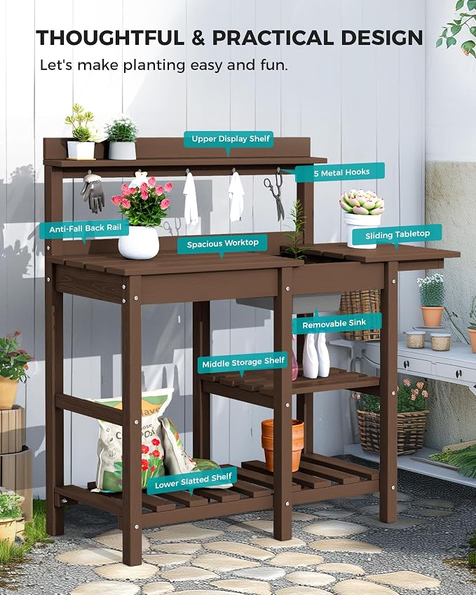 SERWALL Outdoor Potting Bench 2-Piece Set, Rot-Resistant HDPE Potting Table - Image 8