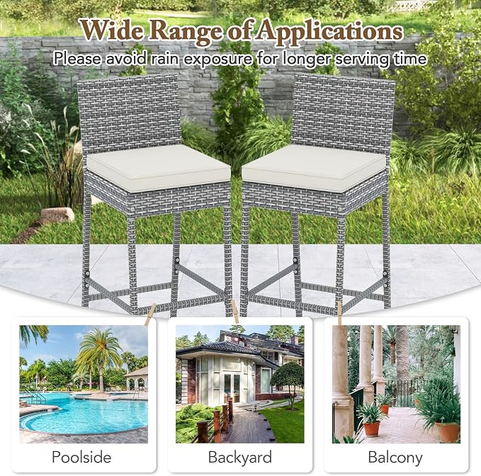COSTWAY Outdoor Wicker Bar Stools Set of 2, Footrest and Backrest, Rattan - Image 8