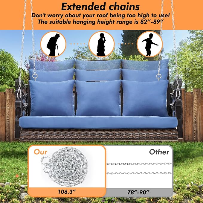 Heavy Duty 900 LBS Porch Swing Chair 3-Person Outdoor Rattan Patio Swing Lounge - Image 5
