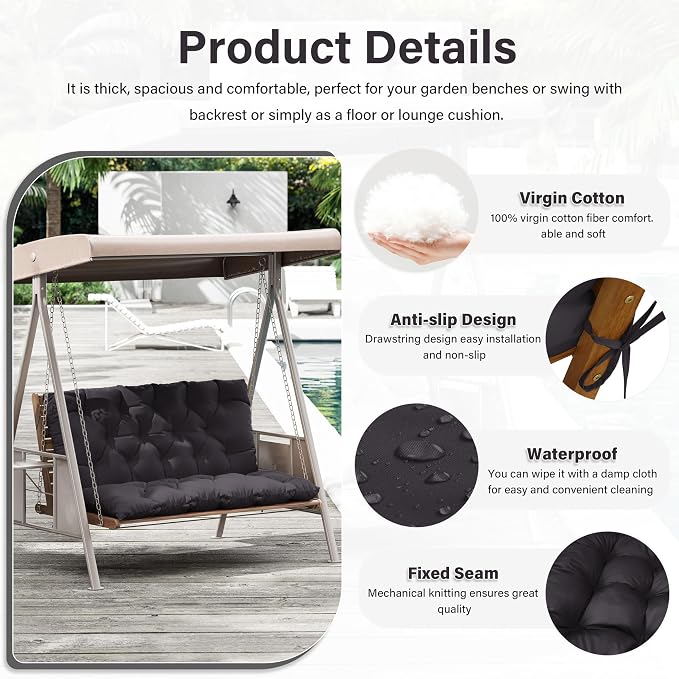 Porch Swing Cushion with Backrest, Waterproof Bench Cushion - Image 3