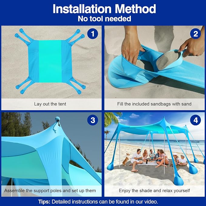 Rhino Valley Beach Tent Shade Canopy UPF50+ Protection, 8 Sandbags, 4 Stability - Image 5