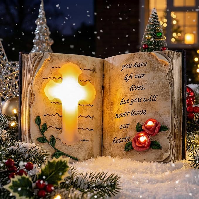 Outdoor Solar Memorial Cross Stakes Lights, Waterproof Book Statue Grave - Image 4