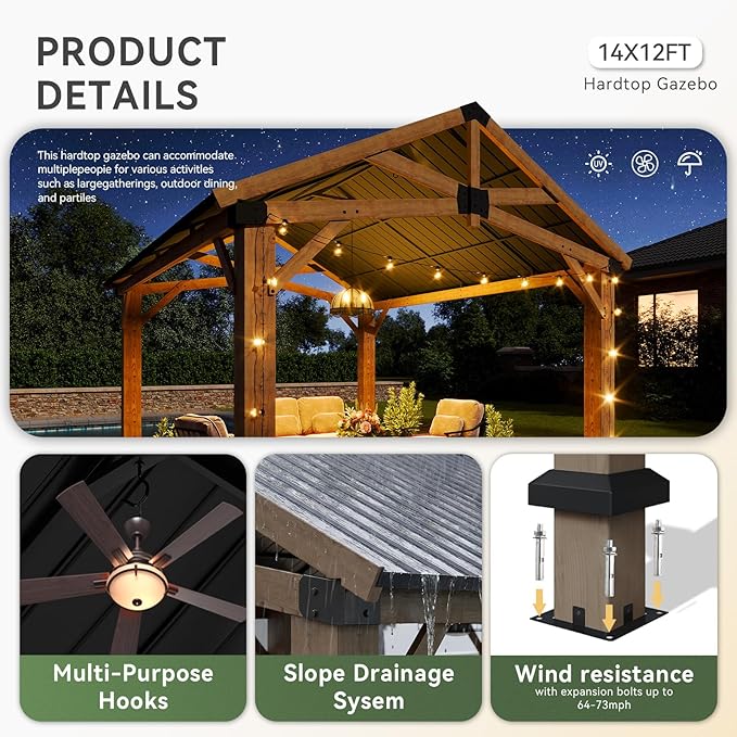 Aoxun 12' x 14' Outdoor Wood Gazebo, Hardtop Gazebo Permanent Wooden Pavilion - Image 5