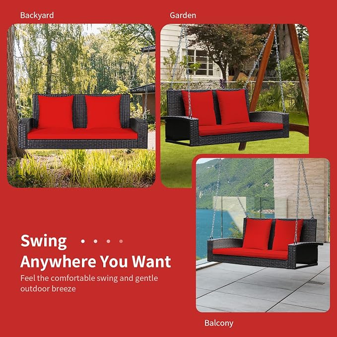 RELAX4LIFE Porch Swing 2-Seat Patio Rattan, Wicker Porch Swings Outdoor W/Two - Image 9