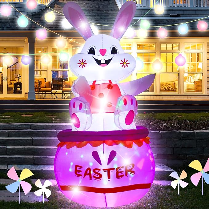 5FT Easter Bunny Inflatable Outdoor Decorations Build-in LED Lights, Cute - Image 2