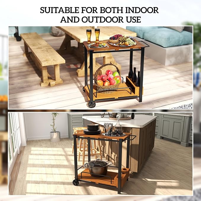 Outsunny Acacia Wood Outdoor Bar Cart, Rolling 2-Tier Outdoor Bar Table - Image 6