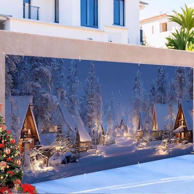 Snowy Winter Village Garage Door Decorations 6x13FT, Cozy Christmas Cabin - Image 6