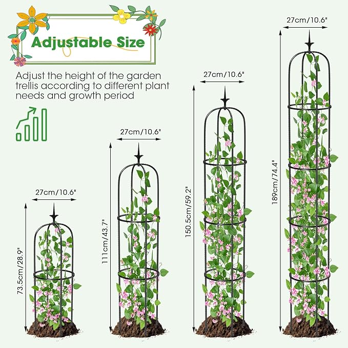 Tower Obelisk Garden Trellis for Climbing Plant，6.2FT/74.4" Rustproof Metal - Image 4