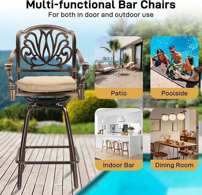 Outvita 2 Piece Outdoor Patio Swivel Bar Stools, All-Weather Cast Aluminum Bar - Image 7