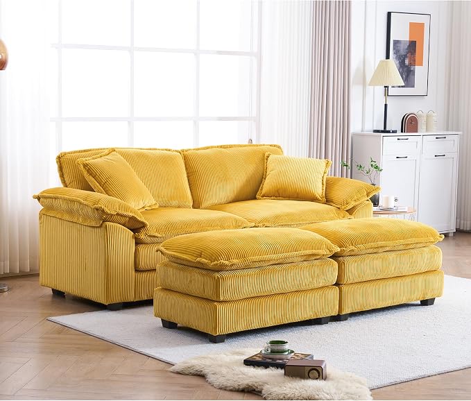 84.6” Corduroy Loveseat with Ottoman, Oversized Double Chaise Lounge Chair - Image 9