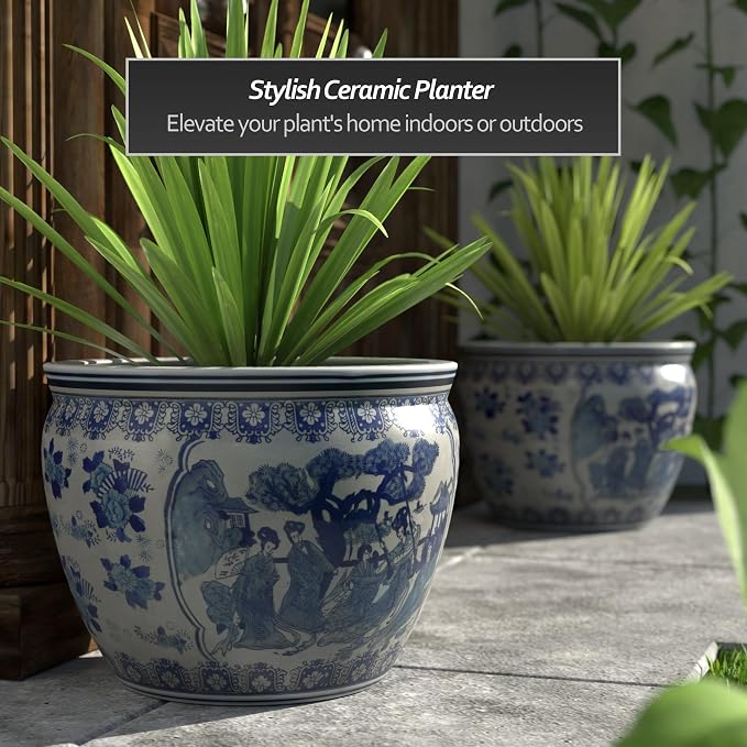 Red Lantern Large 20" Ladies Blue & White Porcelain Fishbowl Planter or Cachepot - Image 2