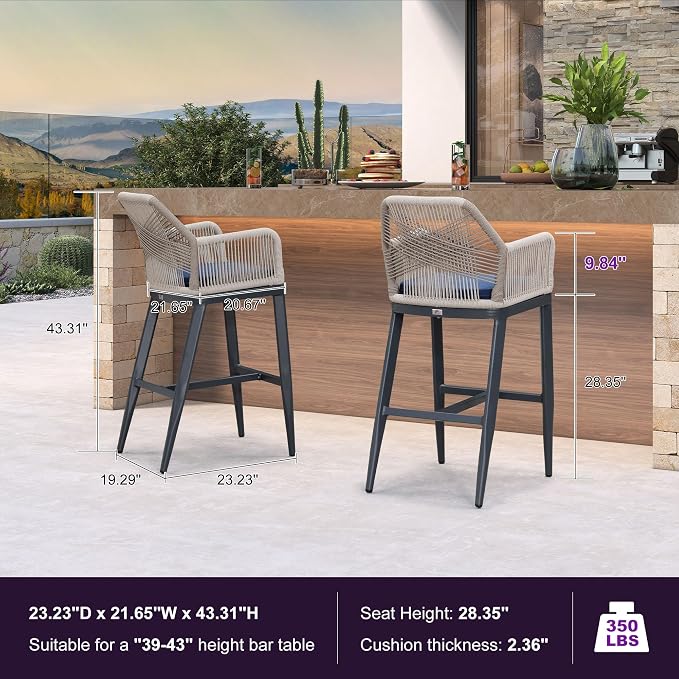 PURPLE LEAF Patio Sunbrella Bar Height Stools 28" H Set of 2 Boho Rattan - Image 2