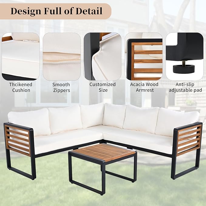 4 Pieces Outdoor Patio Conservation Set, Metal and Wood Frame Sectional - Image 8