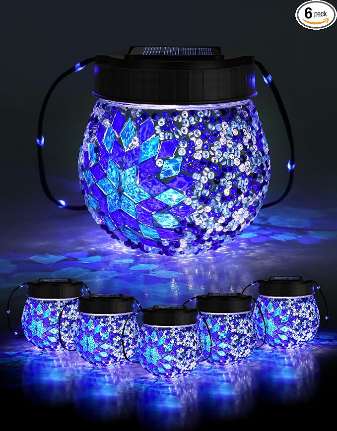 Mosaic Solar Lights Outdoor 6 Pack, Solar Hanging Lanterns Christmas Halloween by PARTPHONER