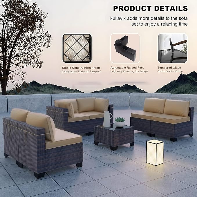 Kullavik 7 Pieces Outdoor Patio Furniture Set PE Wicker Rattan Sectional Sofa - Image 3