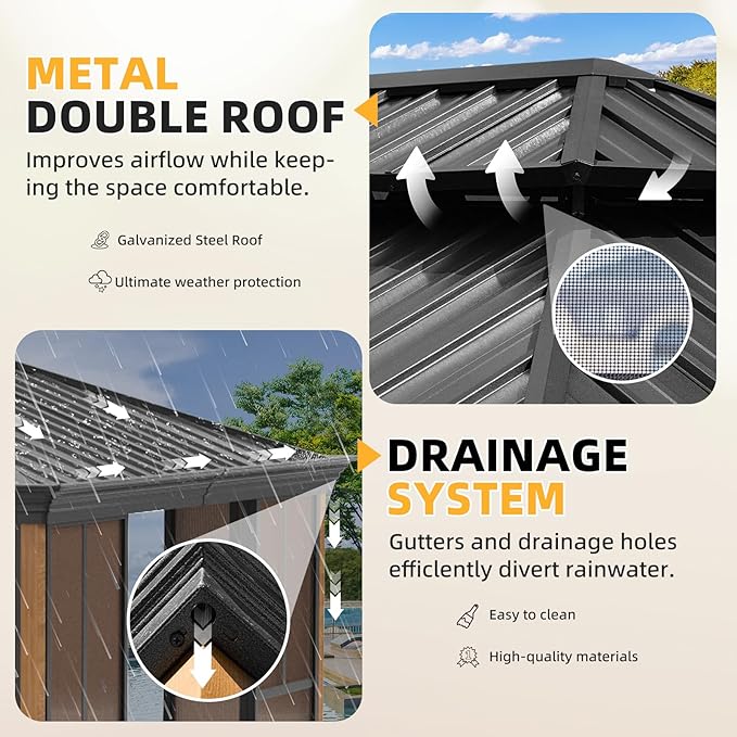 EROMMY 12' X 20' Hardtop Sunroom, Galvanized Steel Double Roof Gazebo Solarium - Image 4