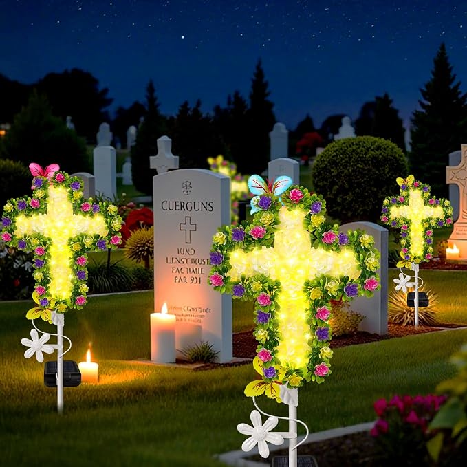 2 Pack Solar Flower Cross for Cemetery Grave, Grave Decorations for Cemetery - Image 4