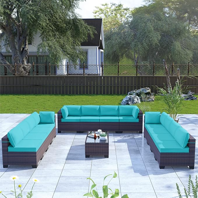 Kullavik 14 Pieces Outdoor Patio Furniture Set, Sectional Rattan Sofa Set Brown - Image 6