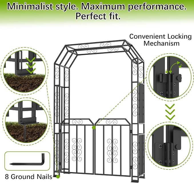 YOHKOH Garden Arch with Gate, Metal Garden Arbor with Gate, Double Lockable - Image 5