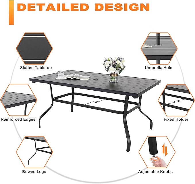 NUU GARDEN 7 Piece Outdoor Dining Set Rectangle Iron Patio Table - Image 4