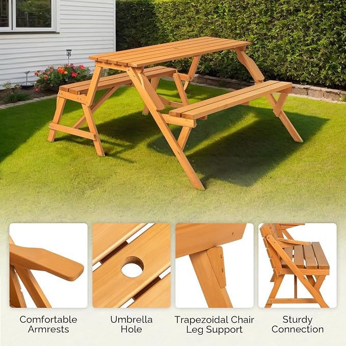 VINGLI 2-in-1 Outdoor Wooden Picnic Table and Bench Set - Image 3