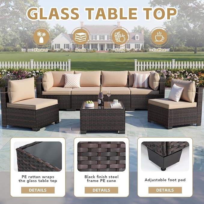 LEVELEVE 7 Pieces Outdoor Patio Furniture Sets, Rattan Conversation Sectional - Image 5