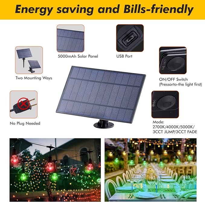 Auroraworld 35FT Solar RGB Outdoor String Lights, Dimmable Waterproof LED Patio - Image 5