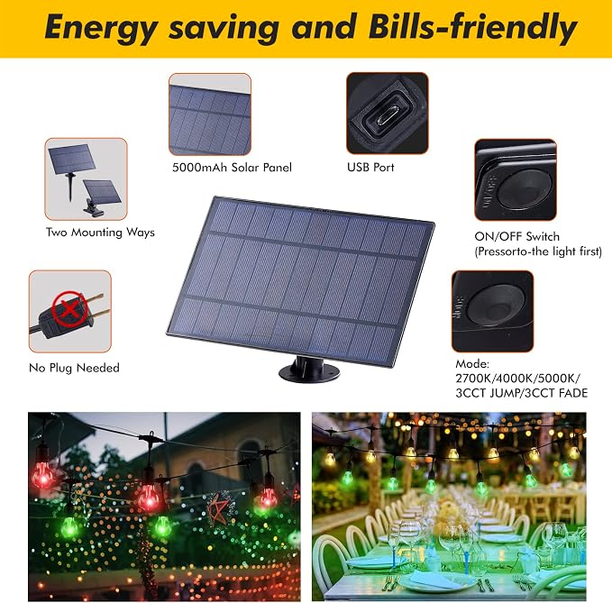 Auroraworld 48FT Solar RGB Outdoor String Lights, Dimmable Waterproof LED Patio - Image 5