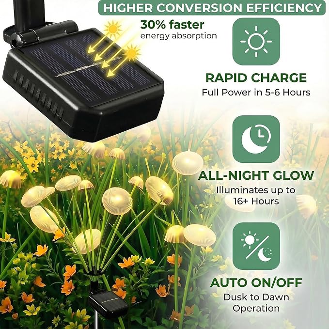 6 Pack 48LED Solar Garden Lights, 8 Lighting Modes Swaying Mushroom Lights - Image 4