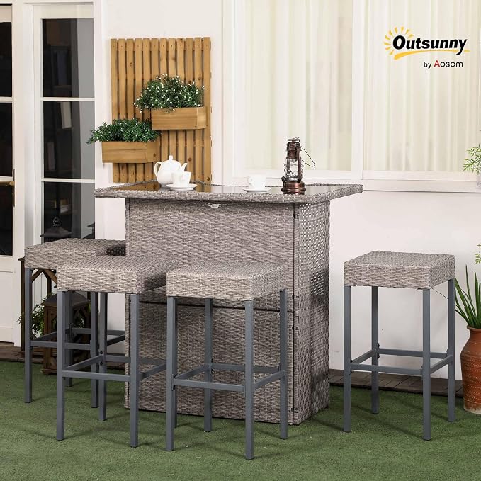 Outsunny 5 Piece Wicker Outdoor Bar Set, High Top Outdoor Table and Chairs - Image 2