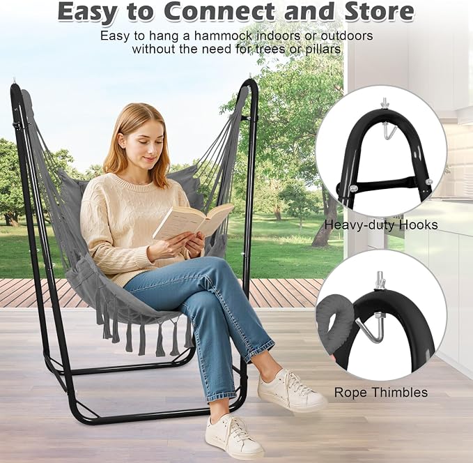 Hammock Chair with U Shape Stand, Cotton Swing Chair with Side Pocket, - Image 5