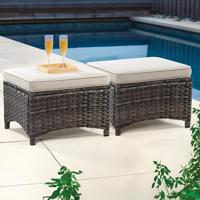 Outdoor Ottomans for Patio Set of 2 PE Wicker Steel Frame Outdoor Footstool by Meetleisure-LeisureLiving